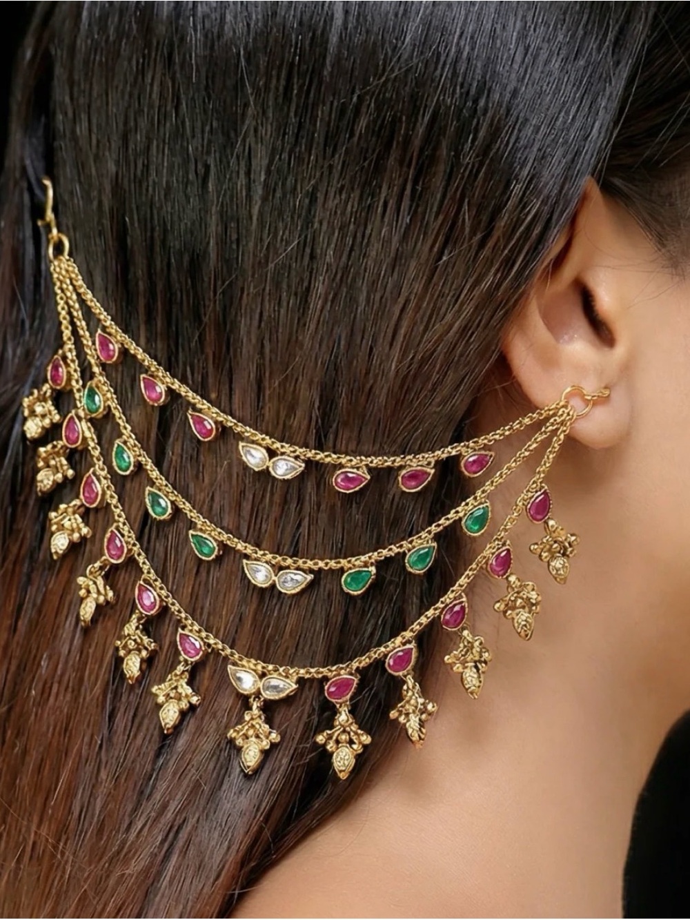 Gold-tone Multi-Color Ear Chain Earrings with Ruby, Emerald (pair of 2 in set)